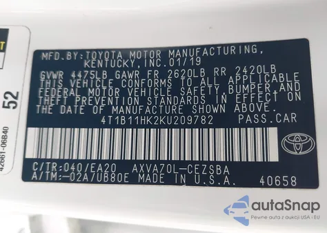 2019 Toyota Camry Se z USA, uszkodzony, nr VIN 4T1B11HK2KU209782